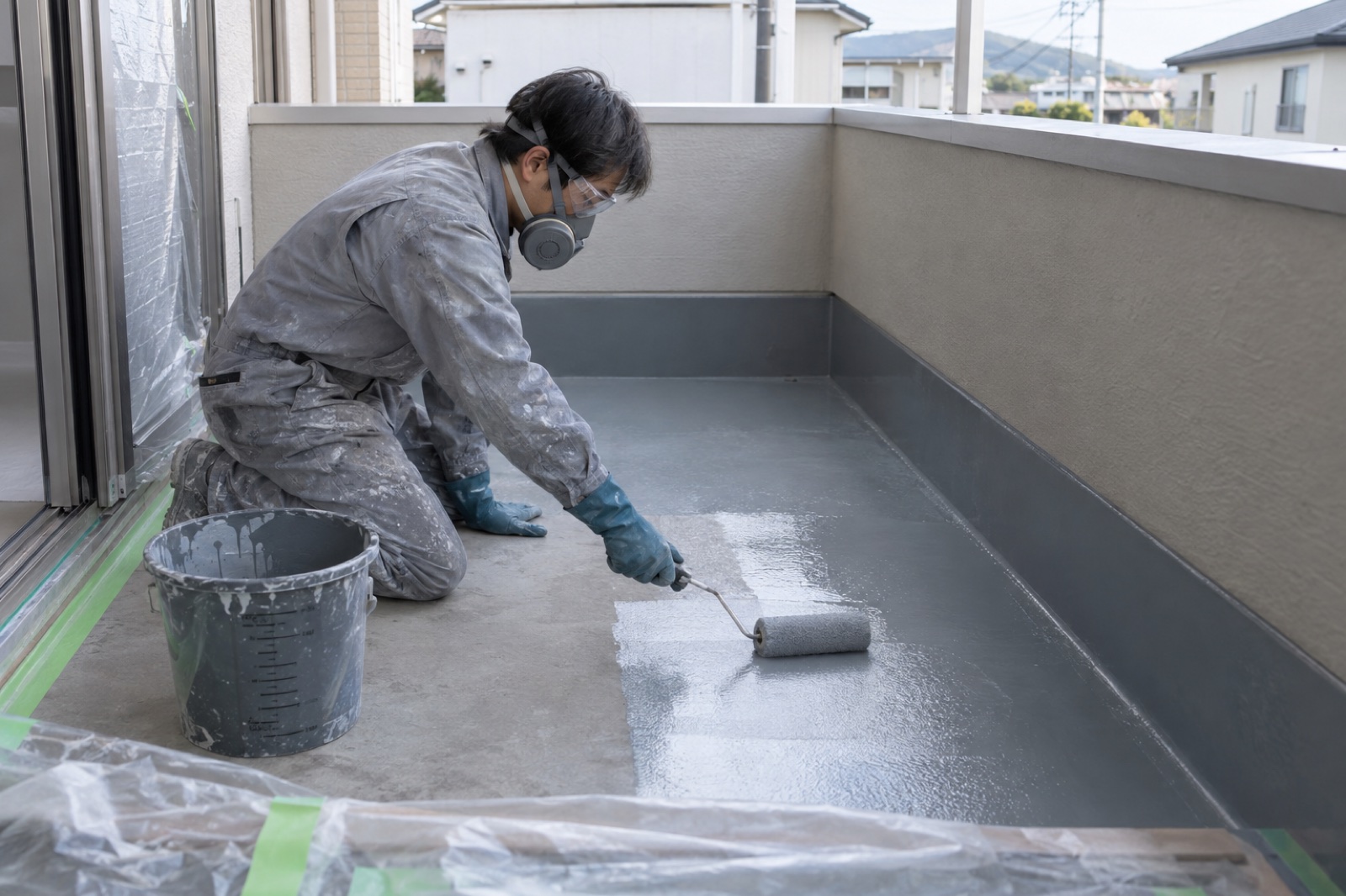 養生したベランダ床に防水材を塗り広げる作業（AI生成の作業イメージ）
