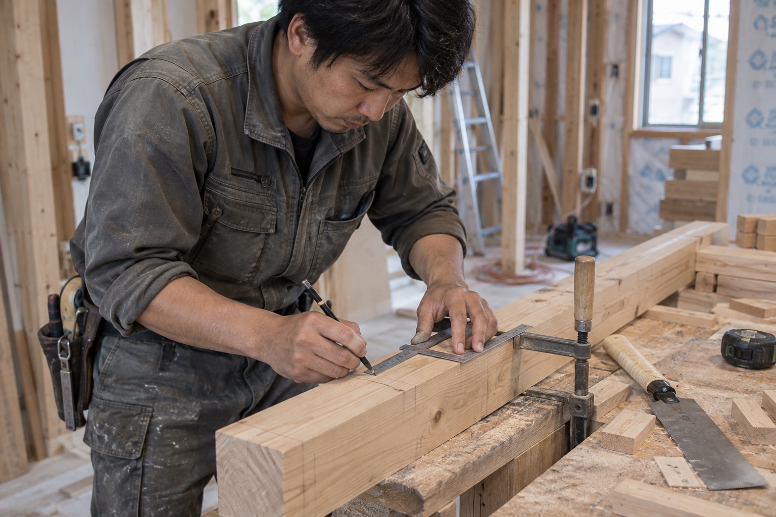 作業台で木材の寸法を測り切断位置を記す作業（AI生成の作業イメージ）