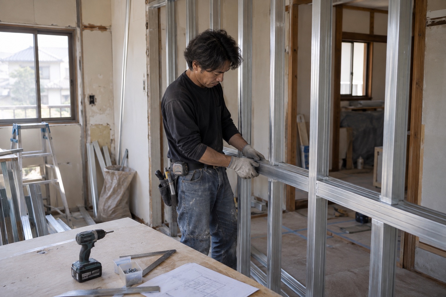 軽量鉄骨で間仕切りの下地を組む作業（AI生成の作業イメージ）