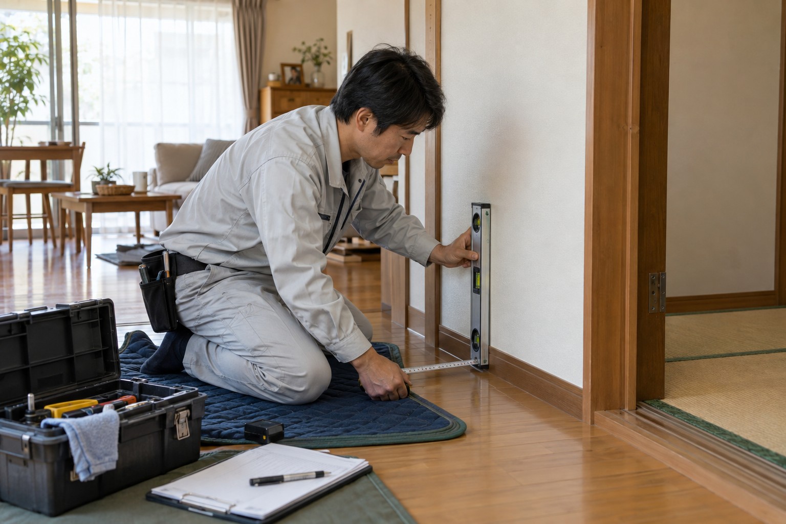 既存住宅の壁と床を測って状態を調べる大工（AI生成の作業イメージ）