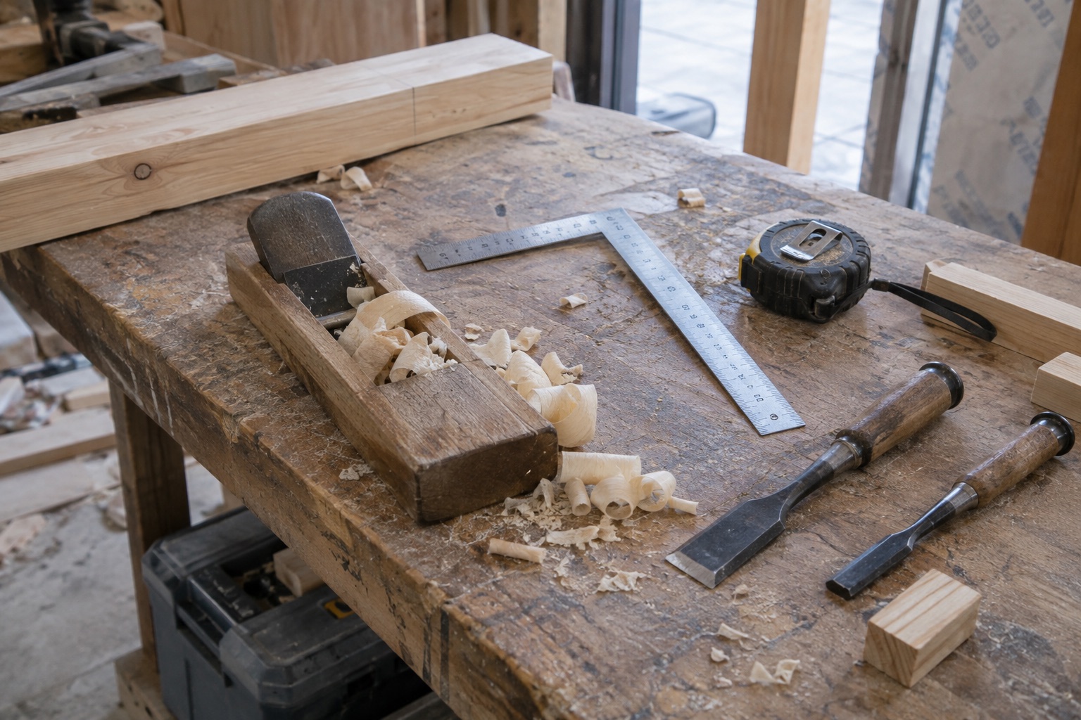 使い込んだ大工道具と木くずのある作業台（AI生成の作業イメージ）