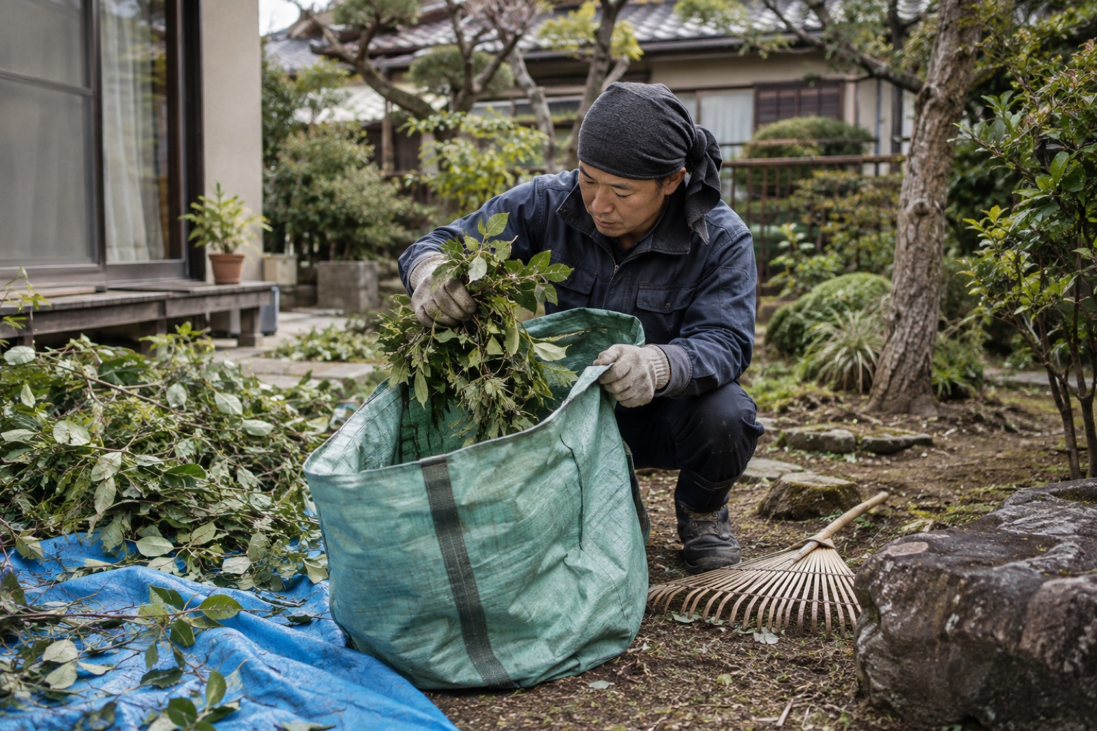 剪定で落ちた枝葉を集めて片付ける職人(AI生成の作業イメージ)