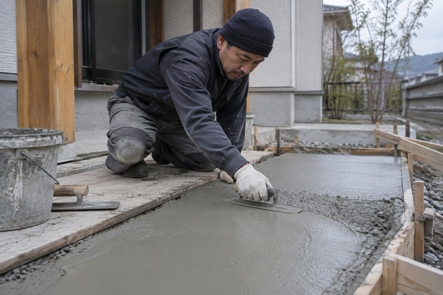 住宅外まわりのコンクリートをこてで均す作業（AI生成の作業イメージ）
