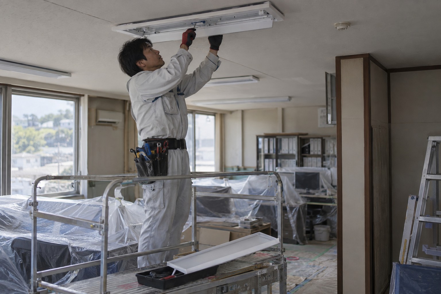 店舗の天井照明を取り付ける電気工事士（AI生成の作業イメージ）