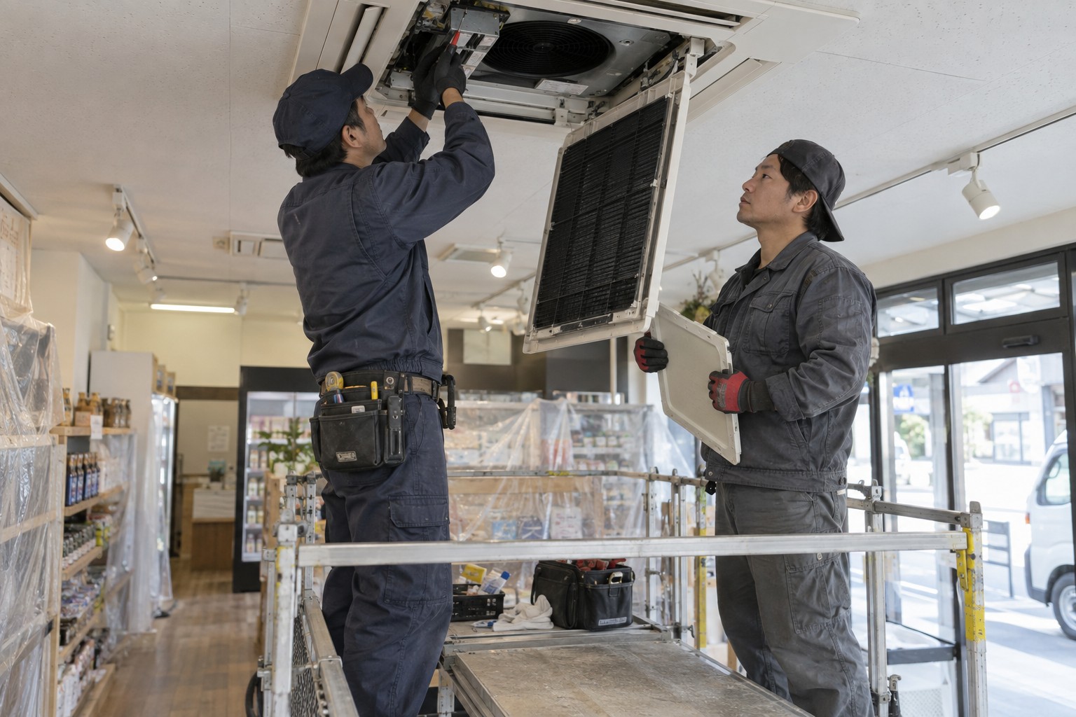 天井カセット型空調機器の部品を二人で確認する作業（AI生成の作業イメージ）