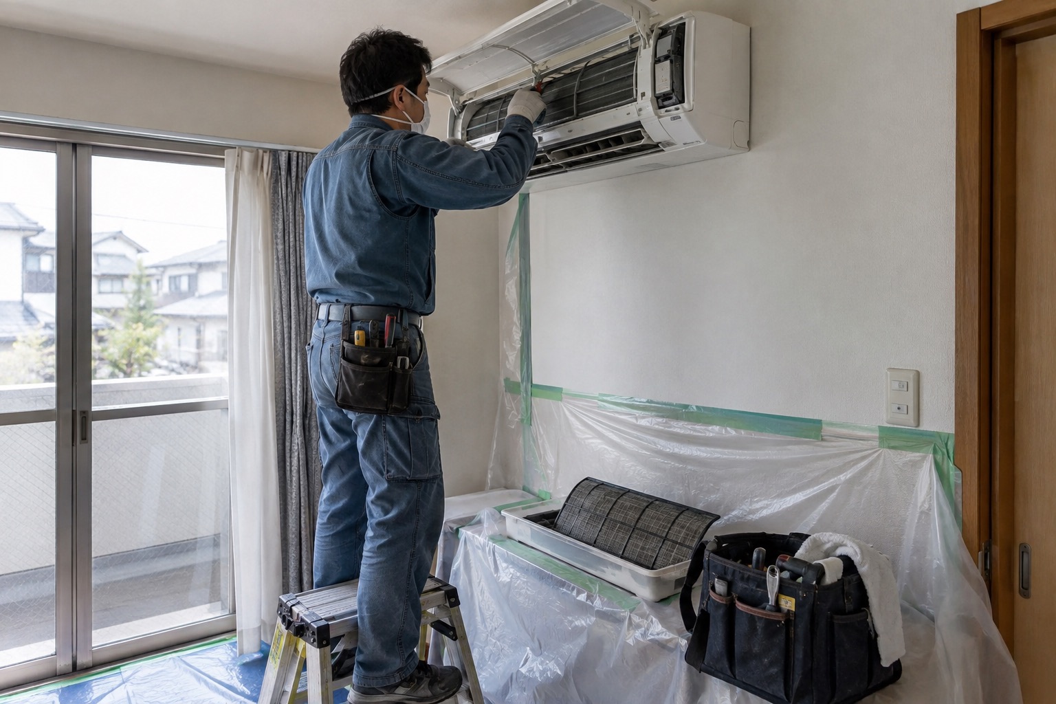 室内機のカバーを外して整備する空調作業員(AI生成の作業イメージ)
