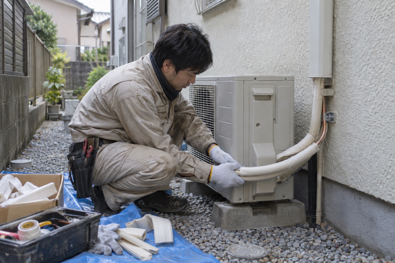 室外機まわりで配管を整える空調作業員（AI生成の作業イメージ）