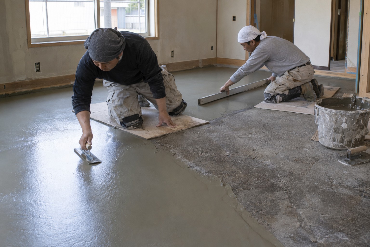 室内の床面をこてで均しながら仕上げる作業（AI生成の作業イメージ）