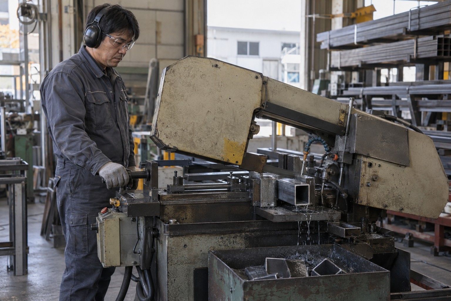 作業場の切断機で鋼材を切り出す作業(AI生成の作業イメージ)