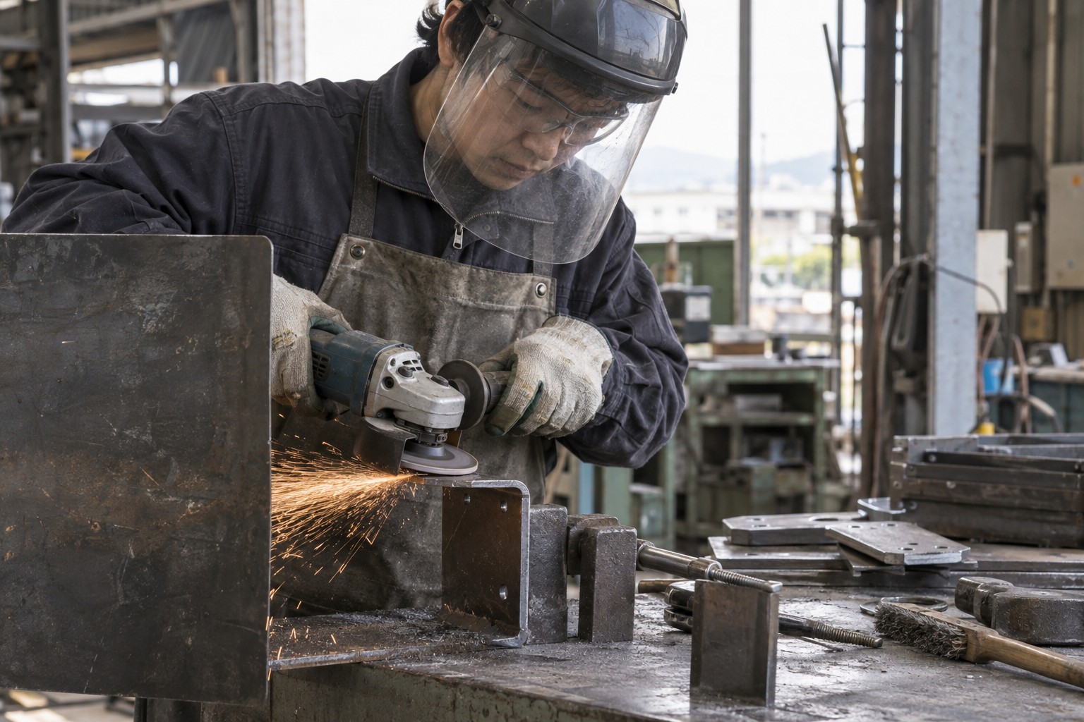 固定した鋼材の角をグラインダーで整える作業(AI生成の作業イメージ)