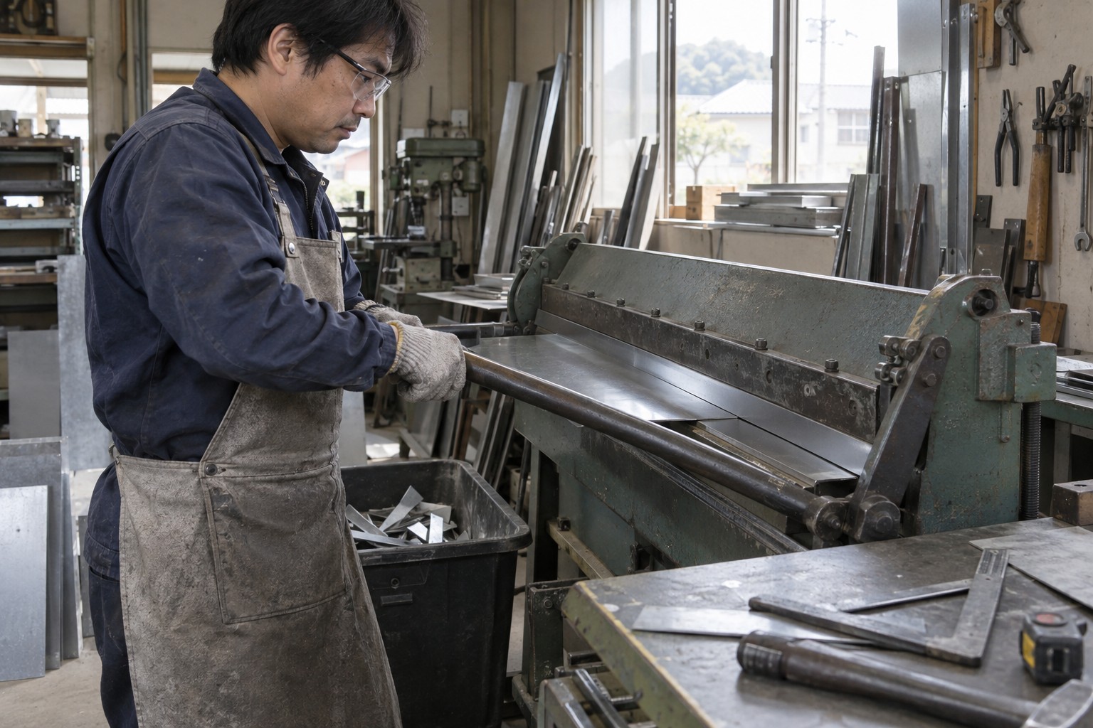 作業場の曲げ機で金属板を加工する作業(AI生成の作業イメージ)