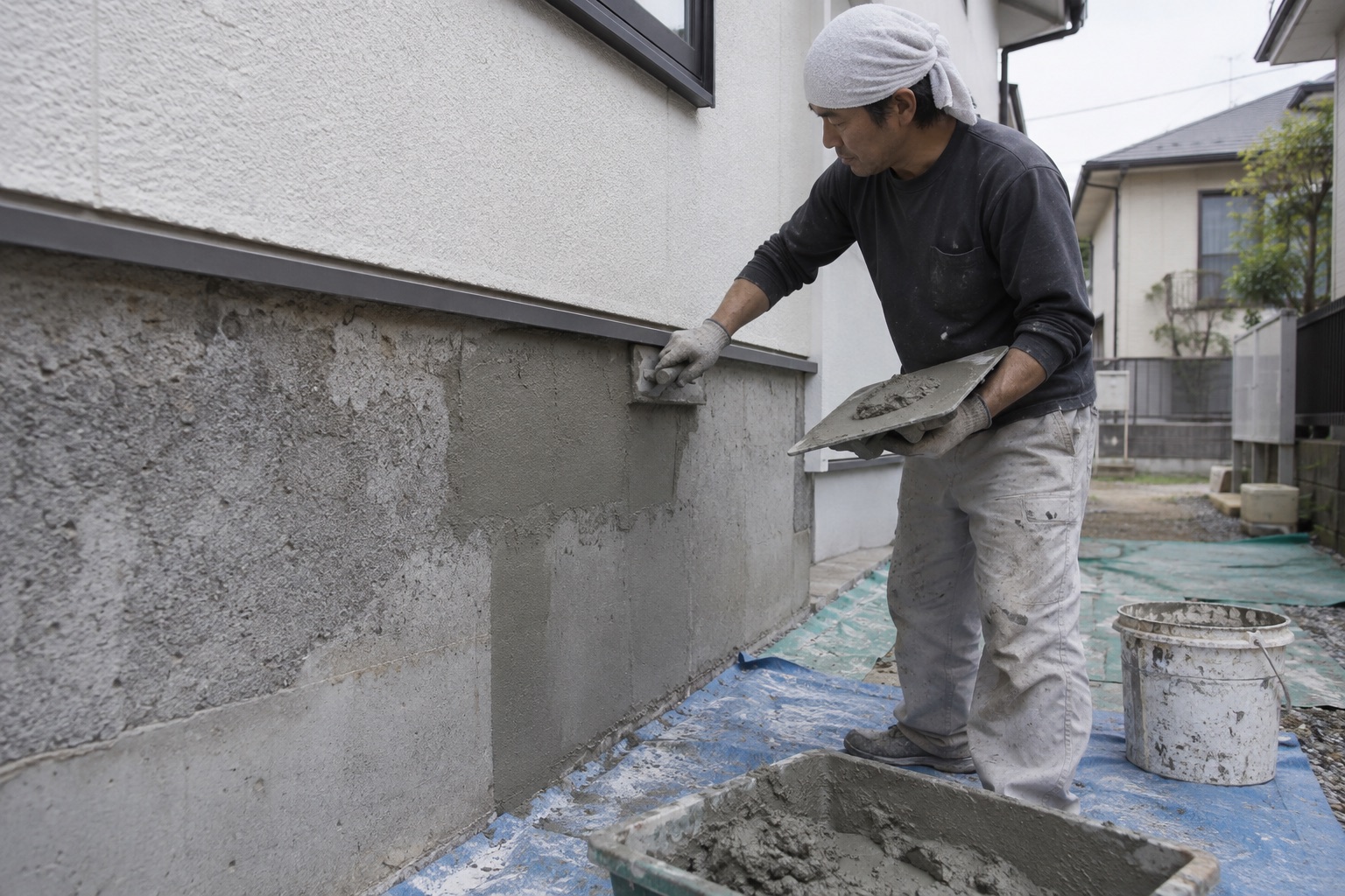 住宅の外壁下部にモルタルを塗る左官作業（AI生成の作業イメージ）