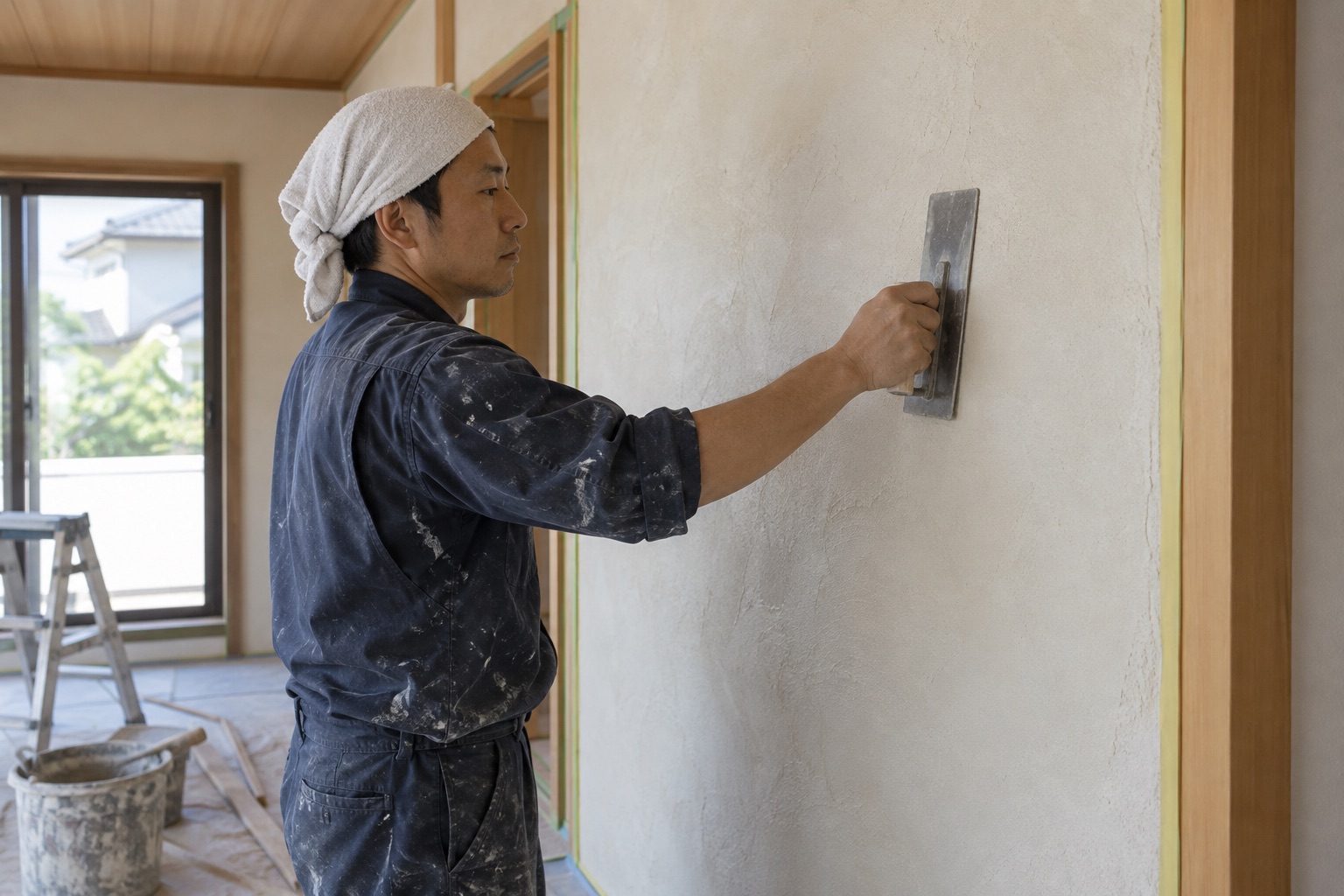 塗り上げた壁の表面をこてで整える仕上げ作業(AI生成の作業イメージ)