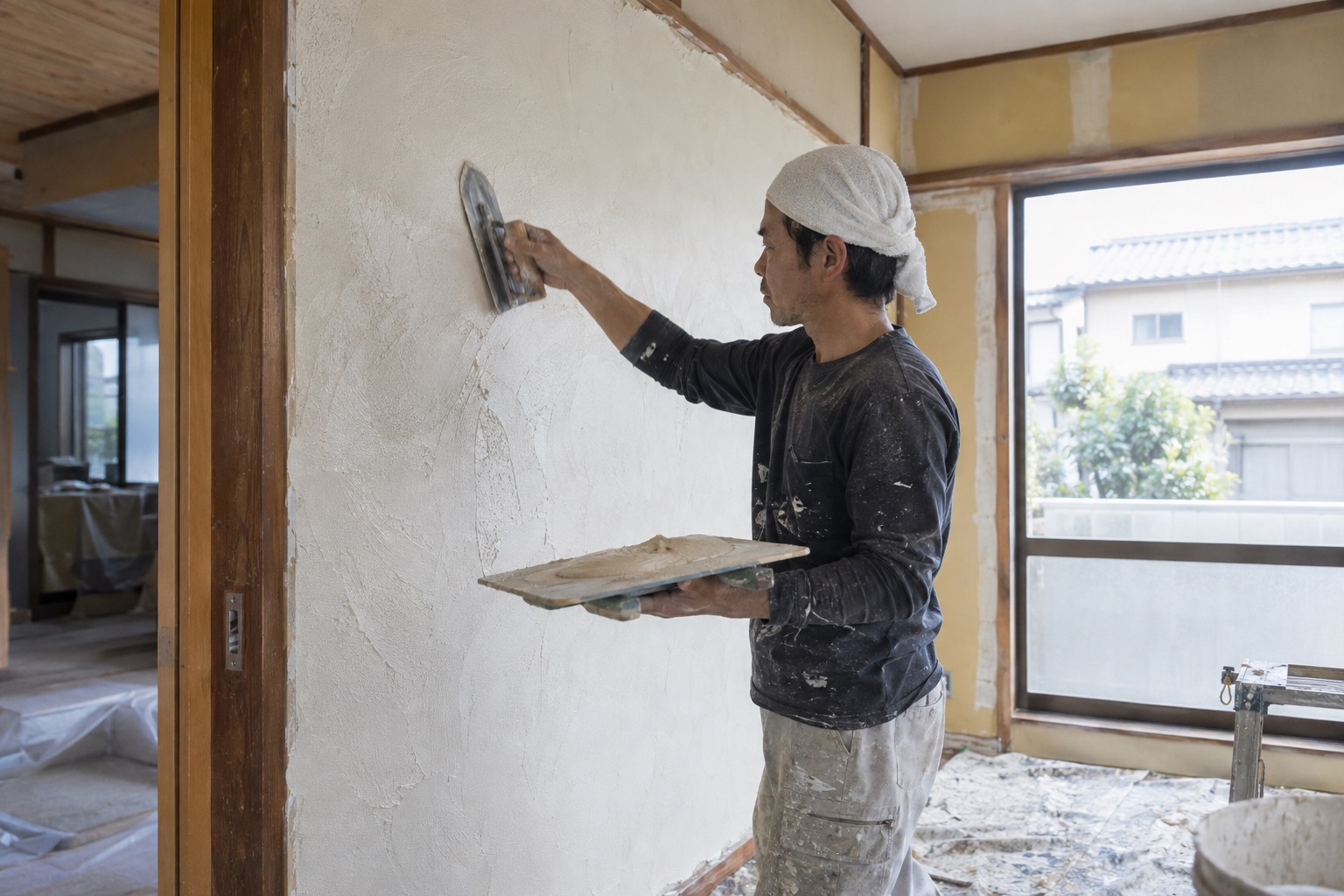 室内の壁にしっくいを塗る左官作業（AI生成の作業イメージ）