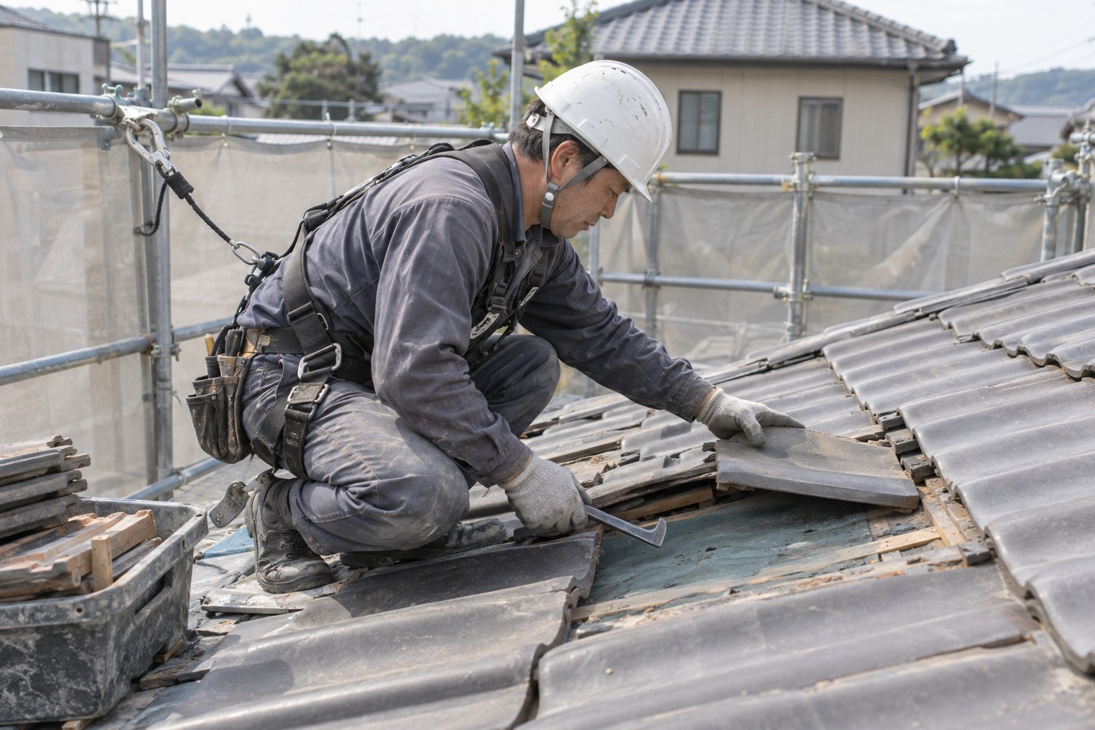 瓦を持ち上げて屋根下地を補修する職人(AI生成の作業イメージ)