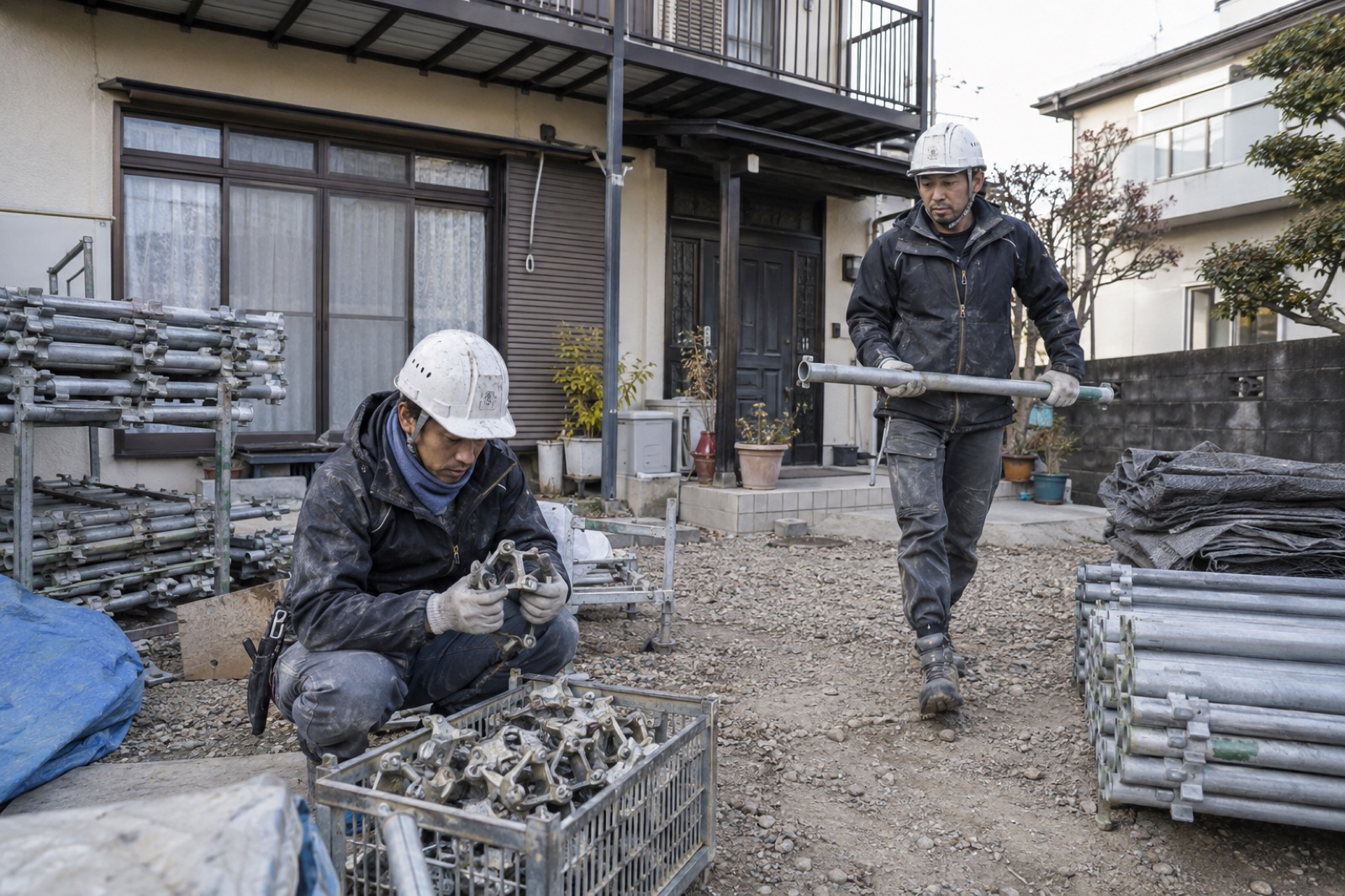 住宅の脇で足場材を整理し組立ての準備をする作業（AI生成の作業イメージ）