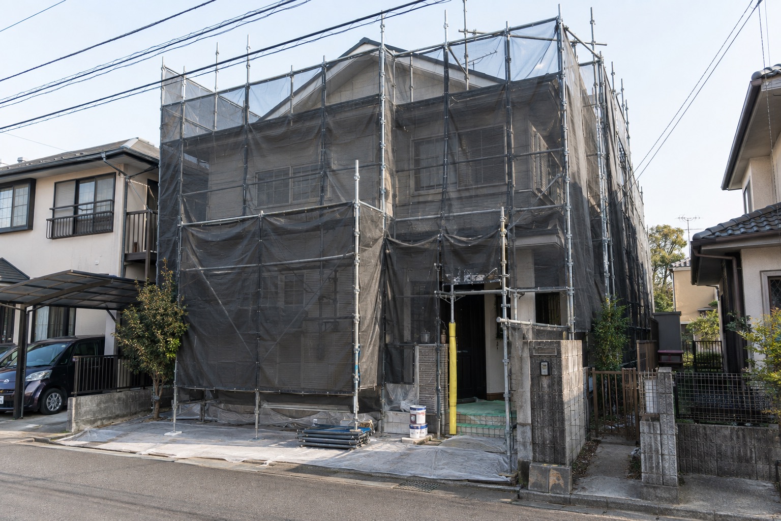 足場と養生ネットに囲まれた住宅の工事現場(AI生成の作業イメージ)