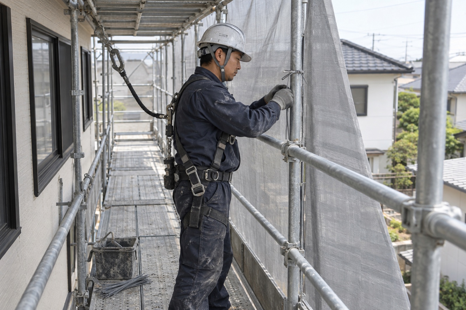 手すりのある作業床から足場のメッシュシートを固定する作業（AI生成の作業イメージ）