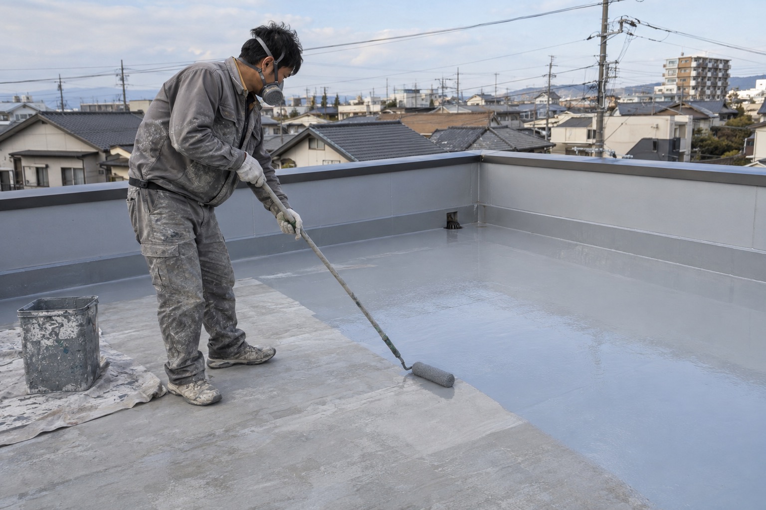 屋上の床面に防水材を塗り広げる作業員（AI生成の作業イメージ）
