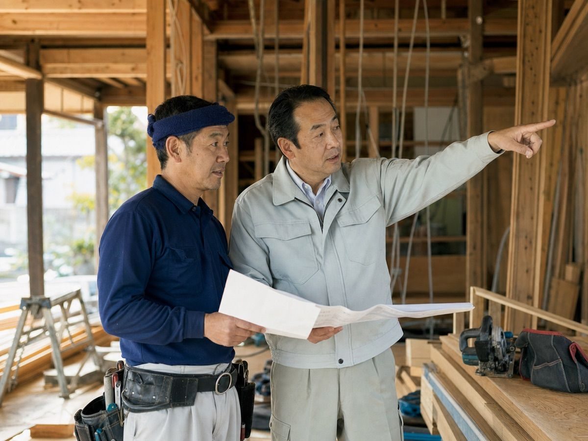 木造の現場で図面と工事範囲を確認する二人（AI・構成見本）
