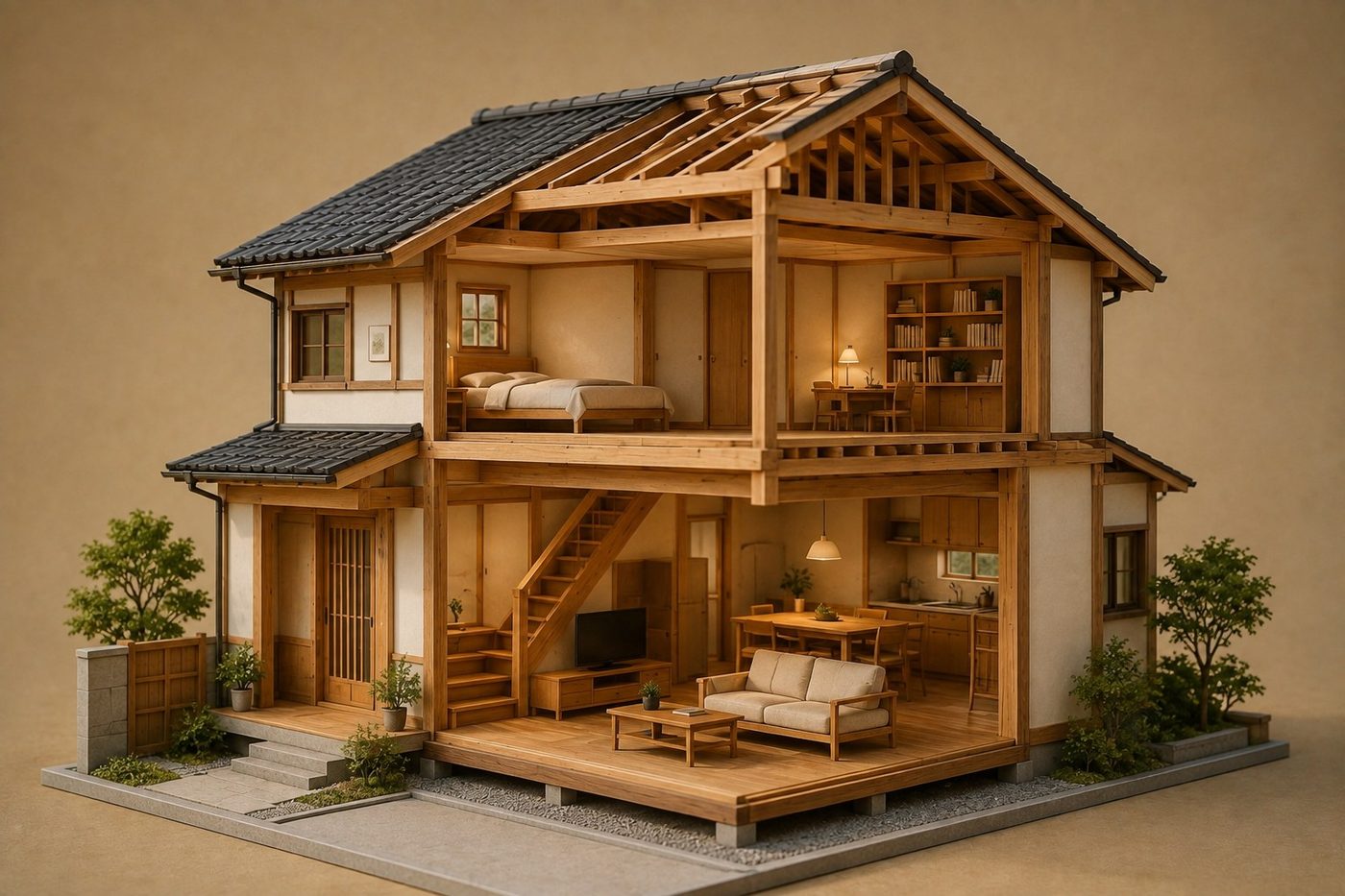 部屋や設備が住宅のどこにあるかをご覧ください。変えたい場所と残す場所を相談する際の参考になります。（AI生成の説明用模型）