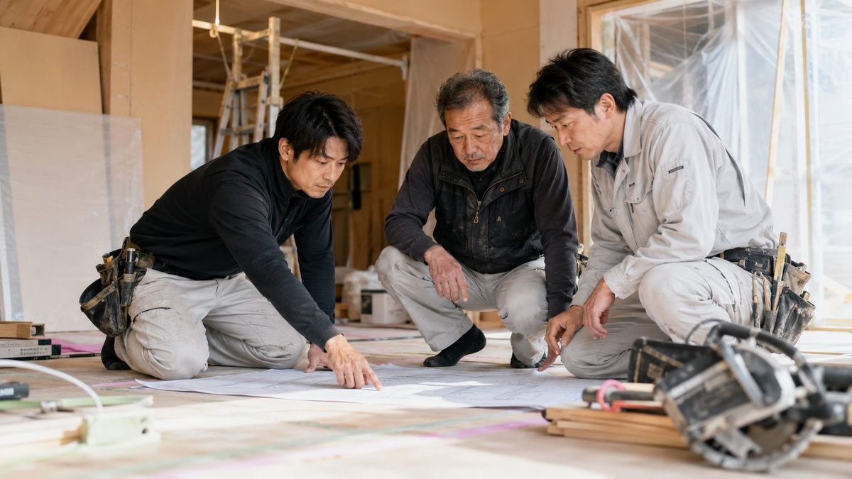 床に図面を広げて打ち合わせる三人の作業者(AI・構成見本)