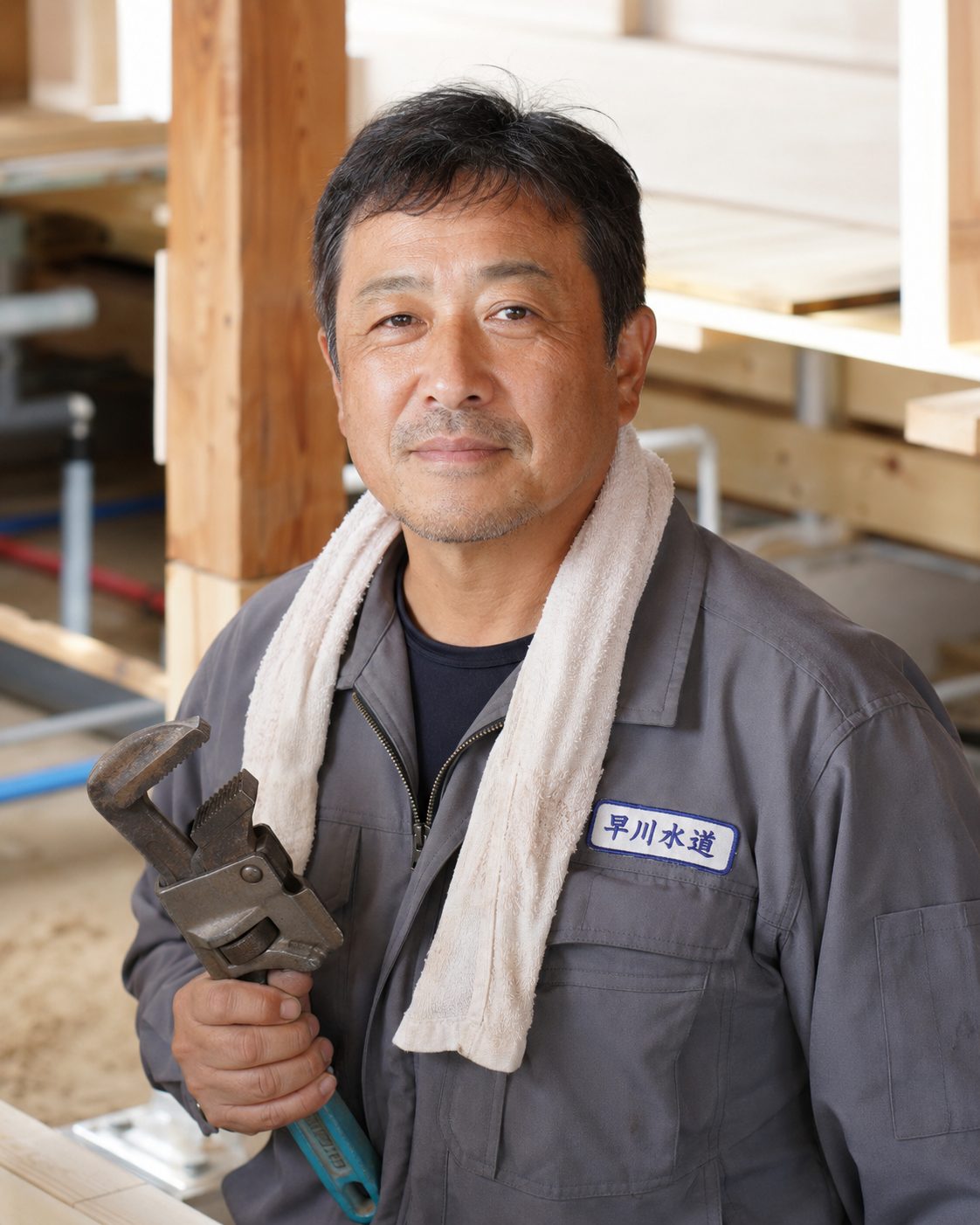 作業場で工具を持つ架空の設備職人（AI・構成見本）