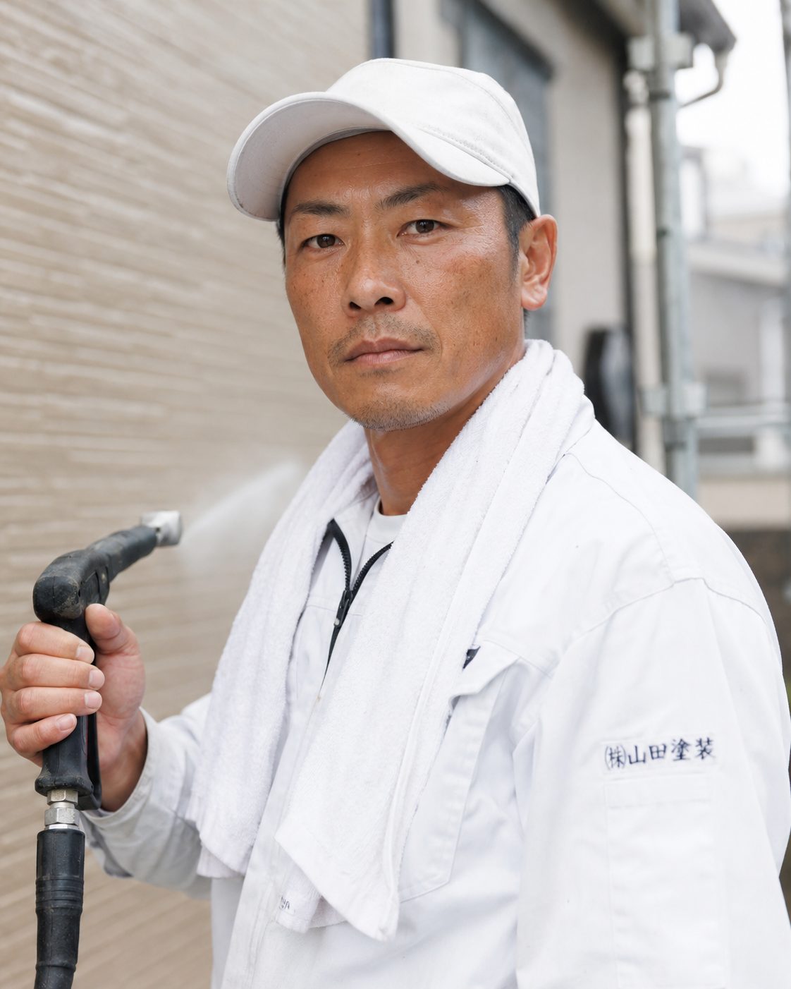 道具を手に持った白い作業服の架空人物(AI・構成見本)