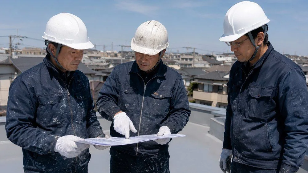 屋外で図面を広げて確認するヘルメット姿の三人(説明用イメージ)