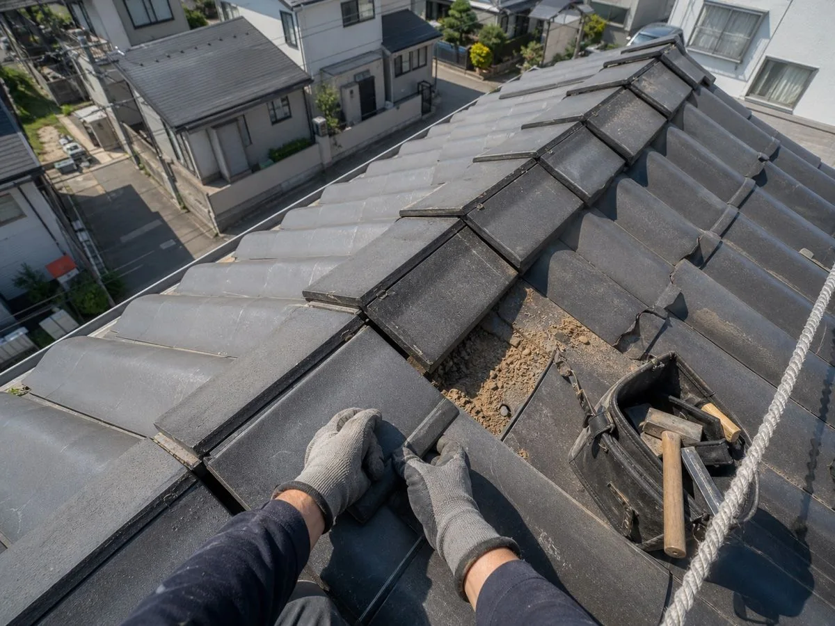 瓦を外した部分と屋根の下地を扱う手元(説明用イメージ)