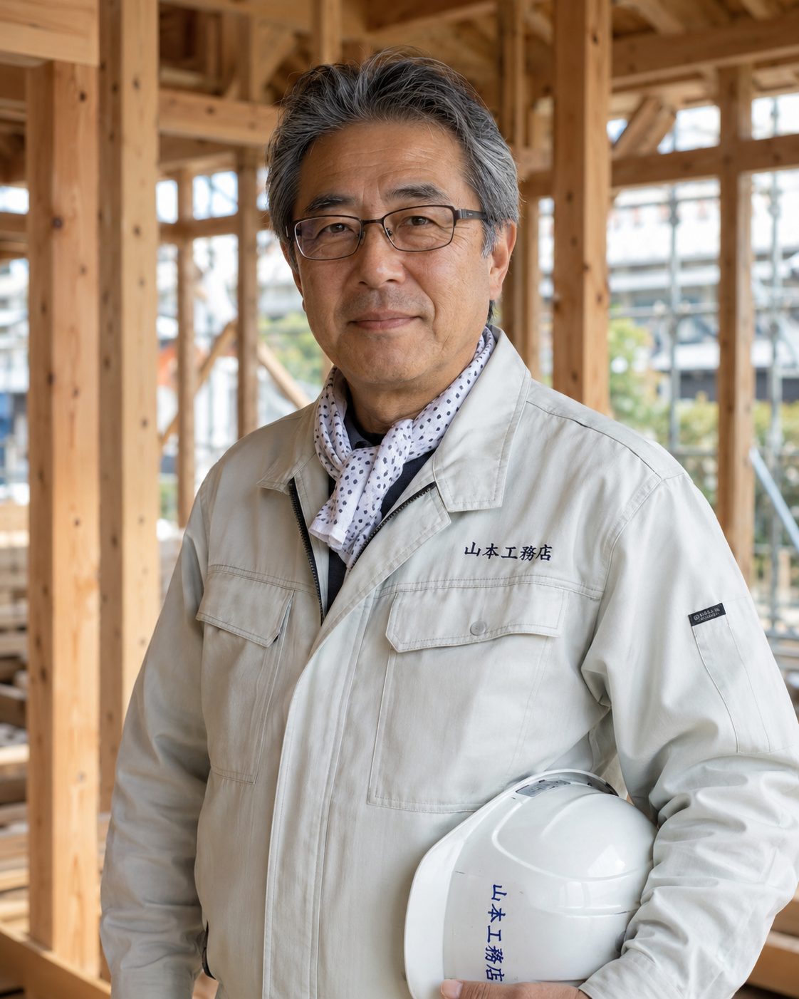木造の現場でヘルメットを手に持つ架空人物（AI・構成見本）