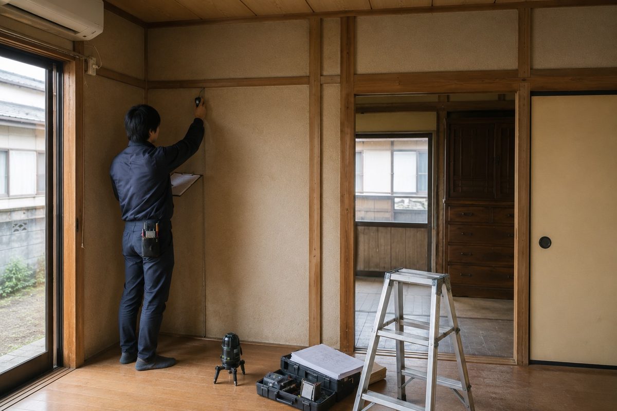 和室の壁の高さを測る作業者(AI・構成見本)