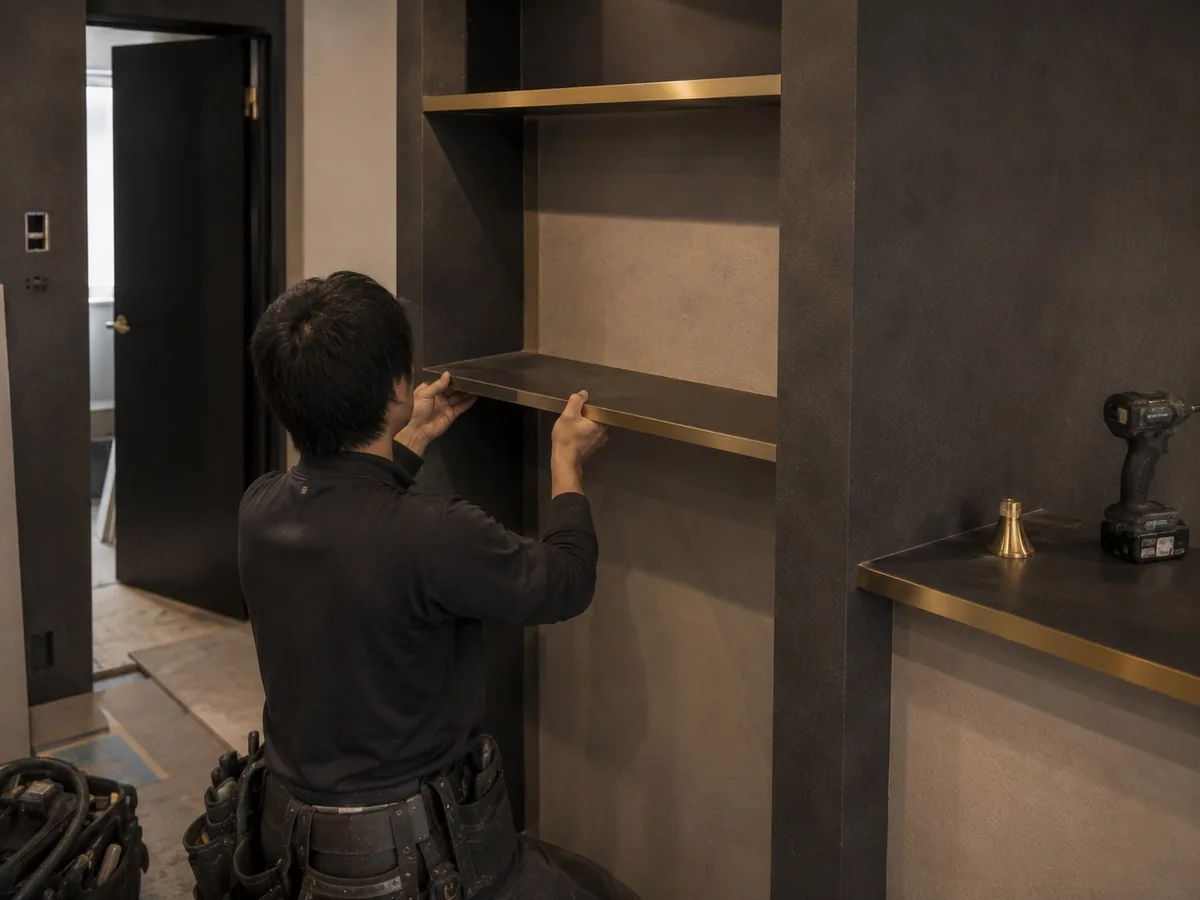 室内の壁際に道具を当てて状態を確かめる作業者（説明用イメージ）