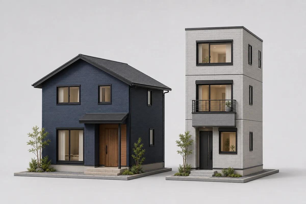 日本の二階建てと狭小三階建てを並べたAI生成3D（説明用イメージ）