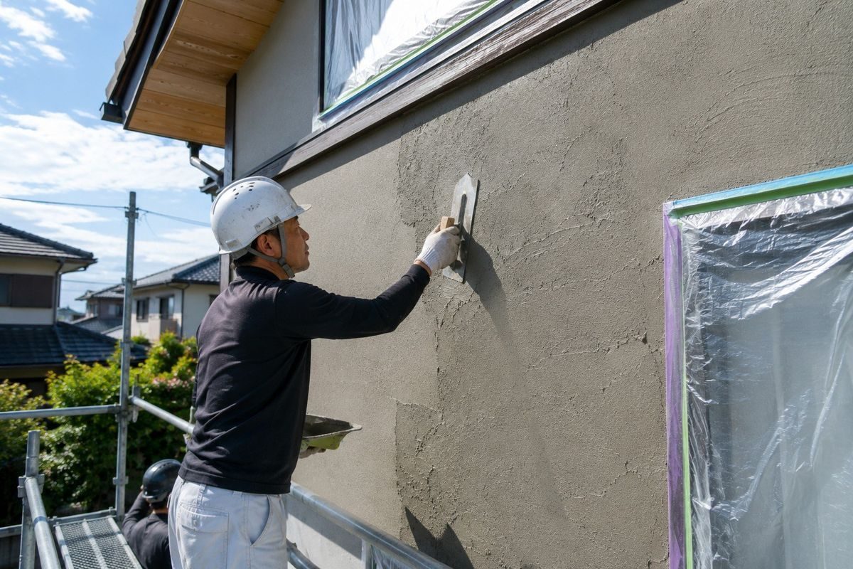 住宅の外壁を鏝で仕上げる職人（AI・構成見本）