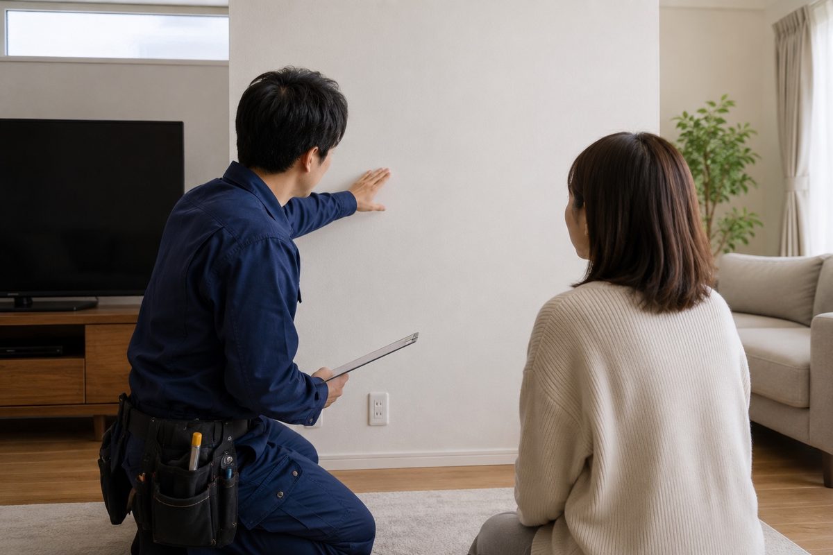 住宅の室内で相談者へ説明する場面（AI・構成見本）