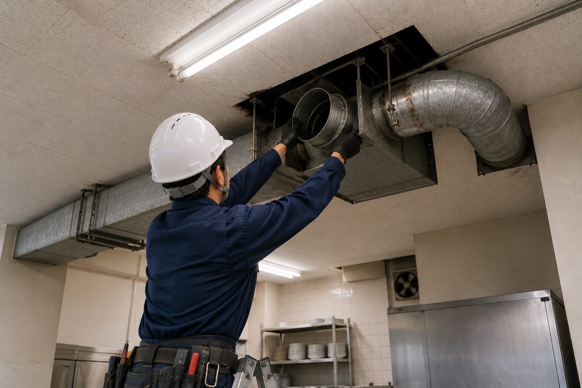 壁上部の換気ダクトを工具で調整する作業者（AI・構成見本）