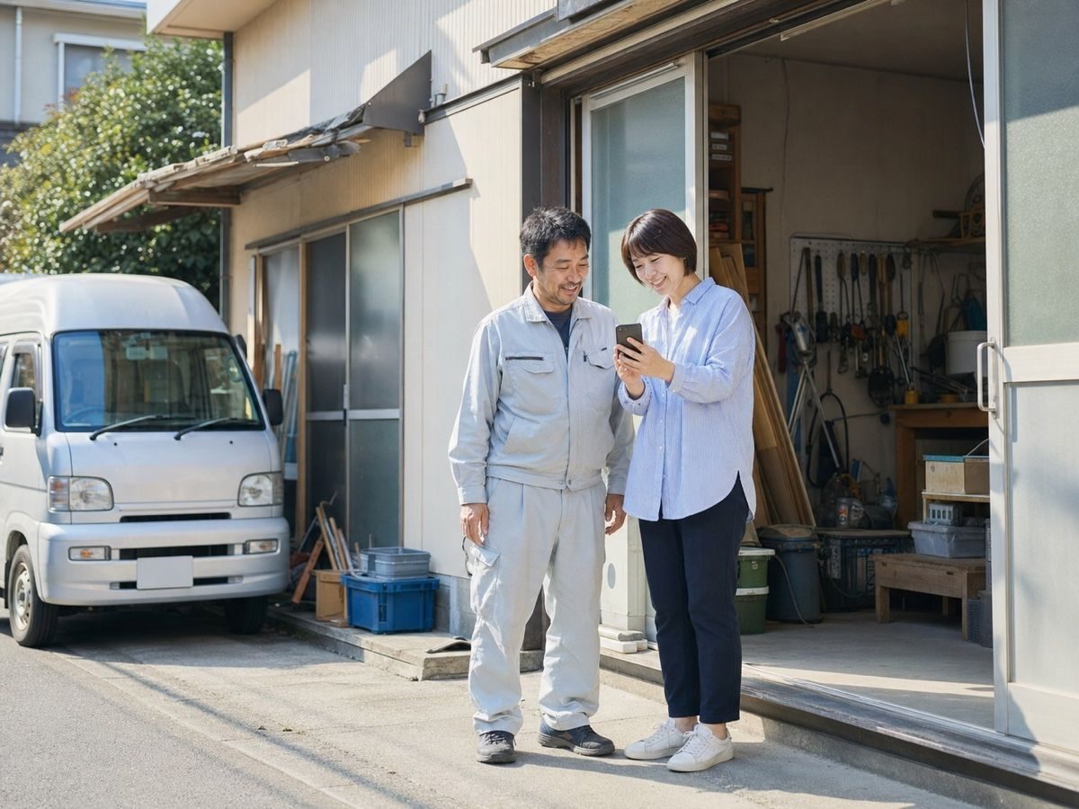 地域の作業場の前で話し合う二人（AI・構成見本）