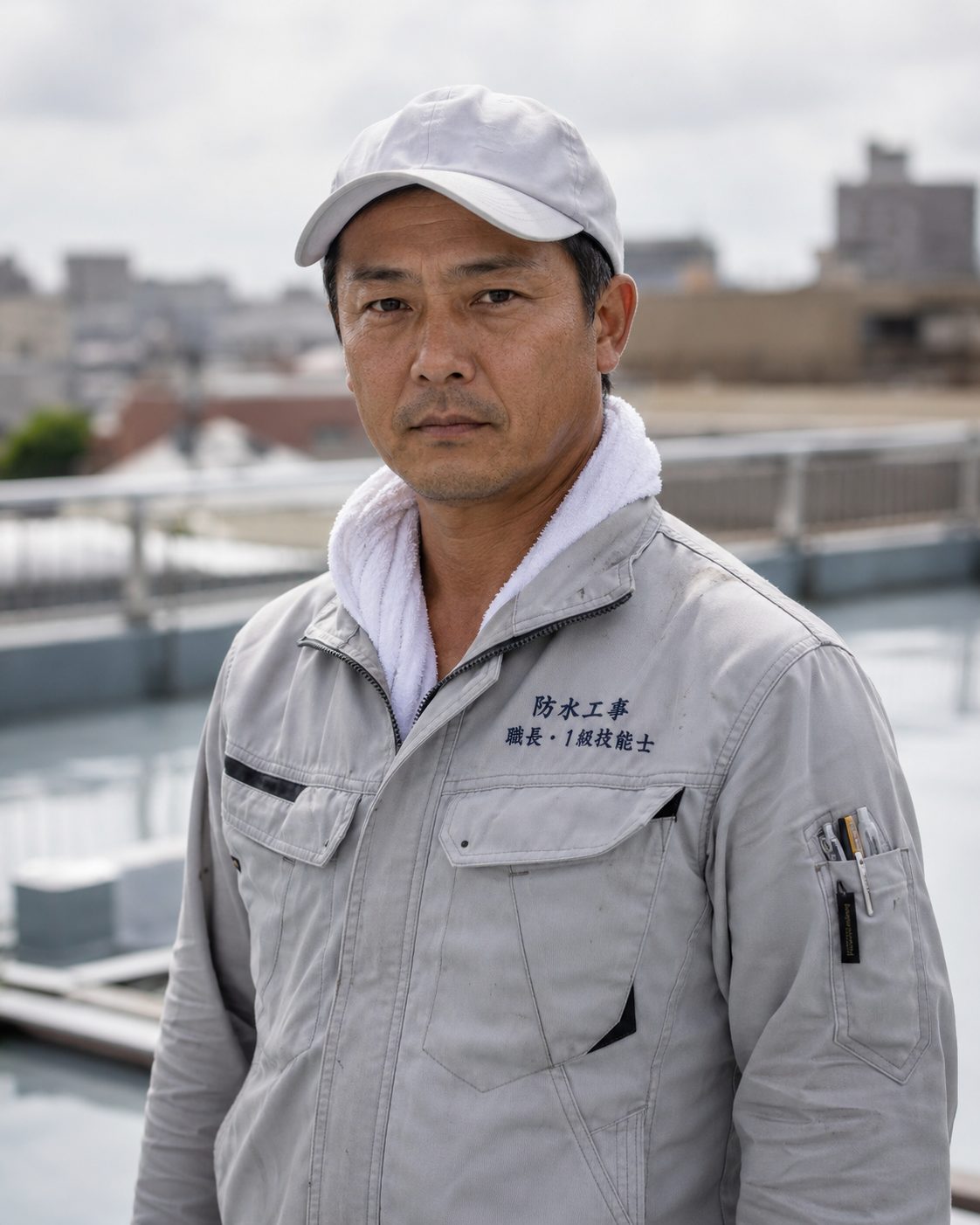 屋外で作業服と帽子を着けた架空の職人（AI・構成見本）