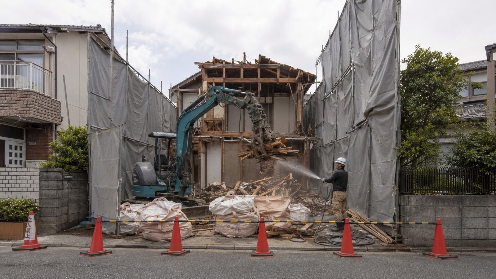 養生シートの内側で住宅を解体する場面。解体工事デモの説明用画像