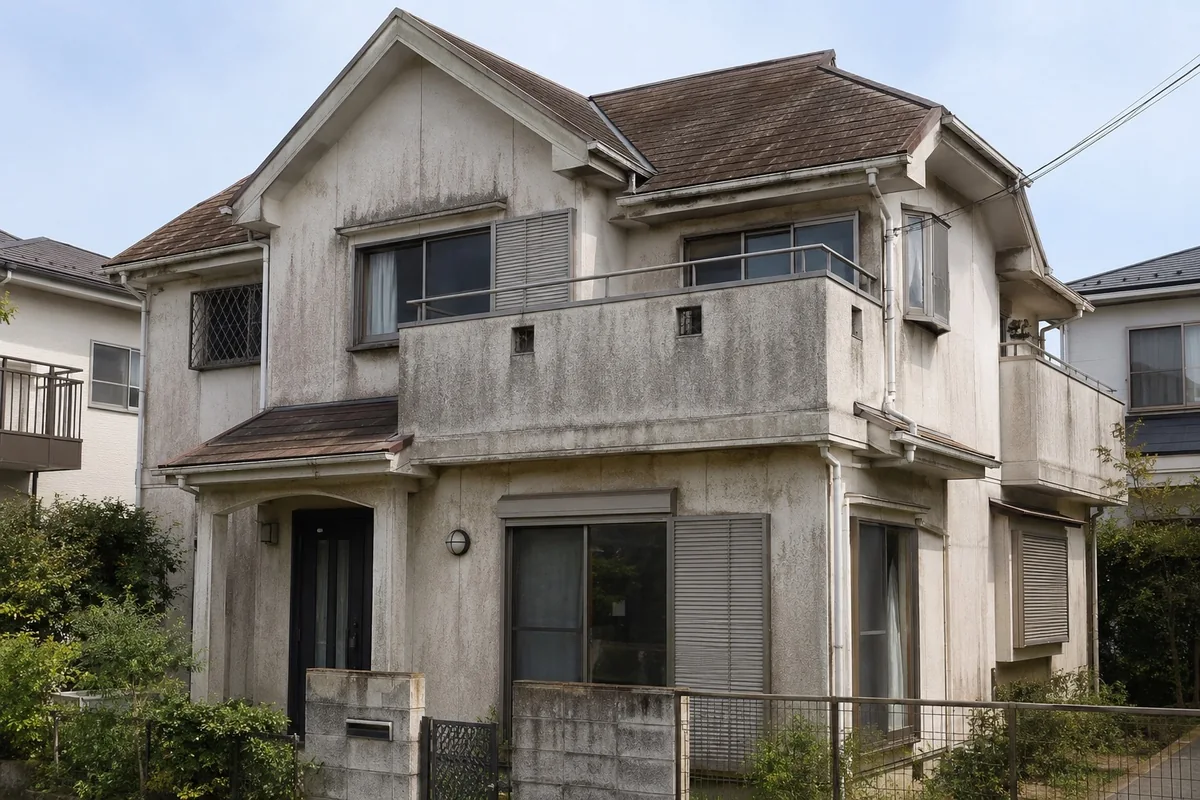 外壁に汚れが見える2階建て住宅の外観（説明用イメージ）