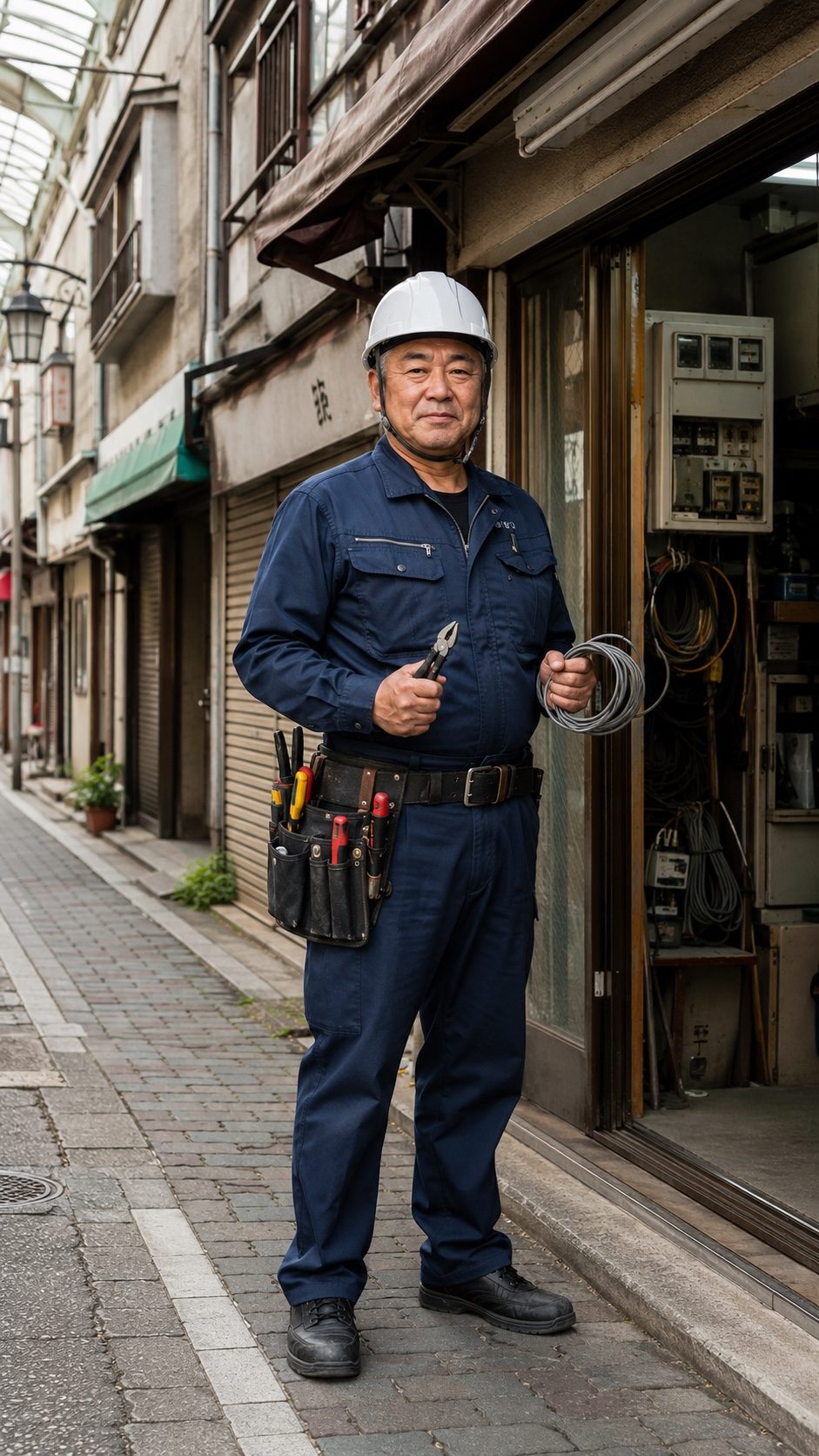 商店街に立つ紺の作業服とヘルメットの電気工事職人(AI・構成見本)