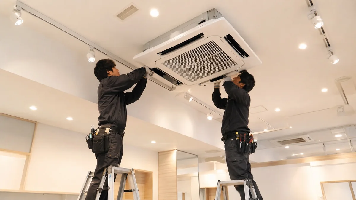 天井の空調機器に手を伸ばして作業する2人(説明用イメージ)