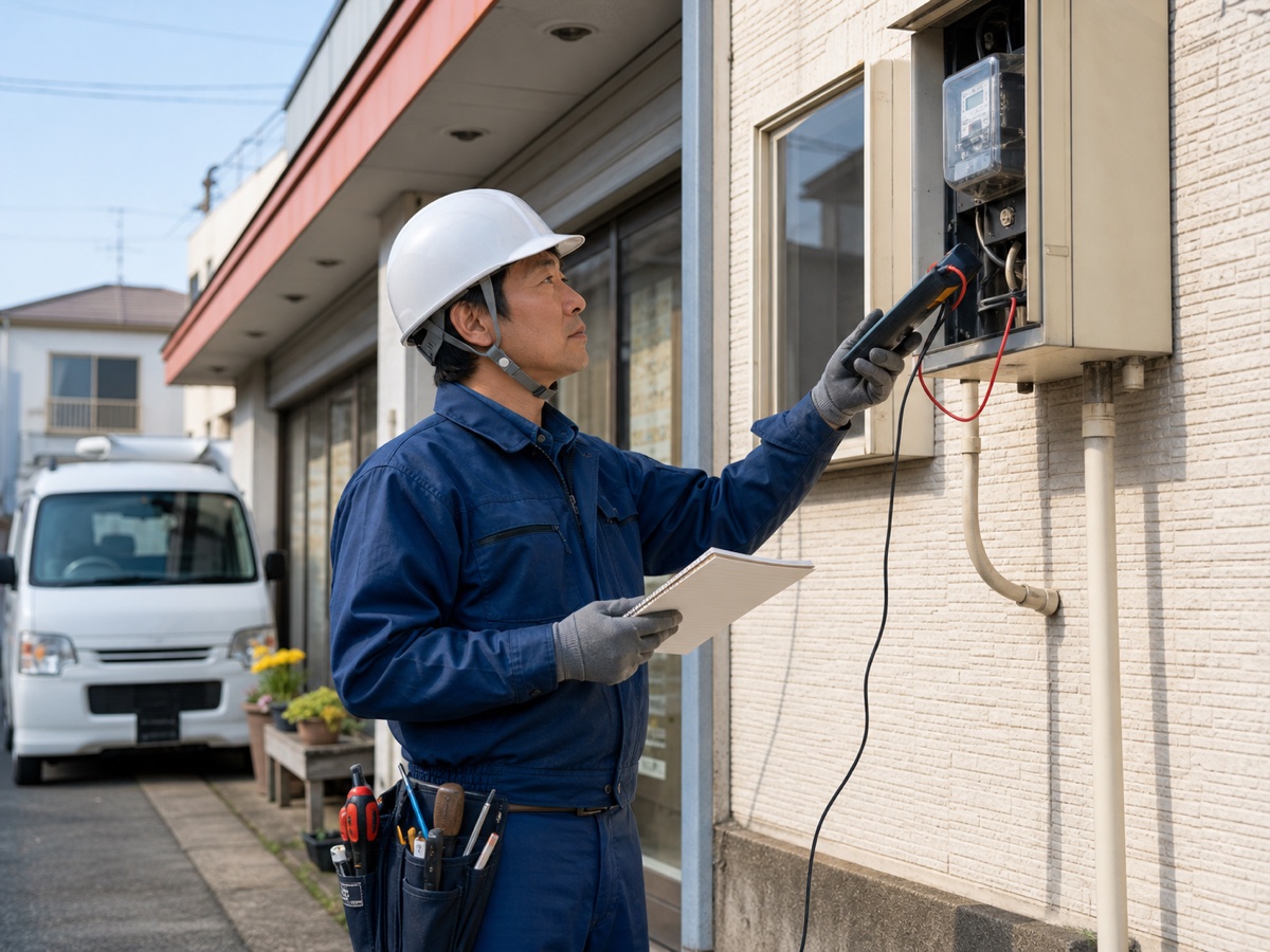 小さな店舗の電気メーターを屋外で点検する電気工事士