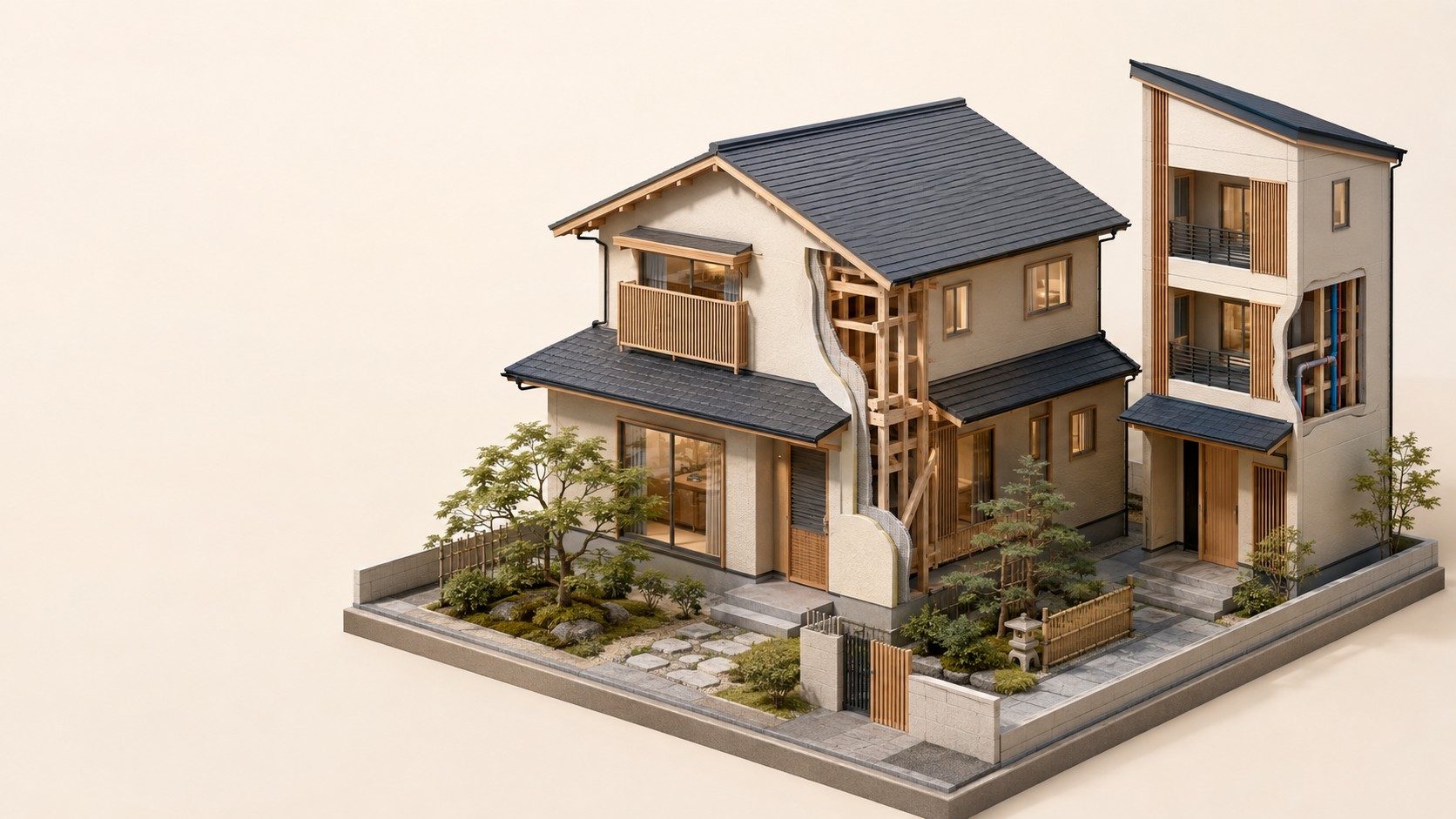 日本の2階建てと狭小3階建て、庭、木部、壁内配管を表す建築3D模型