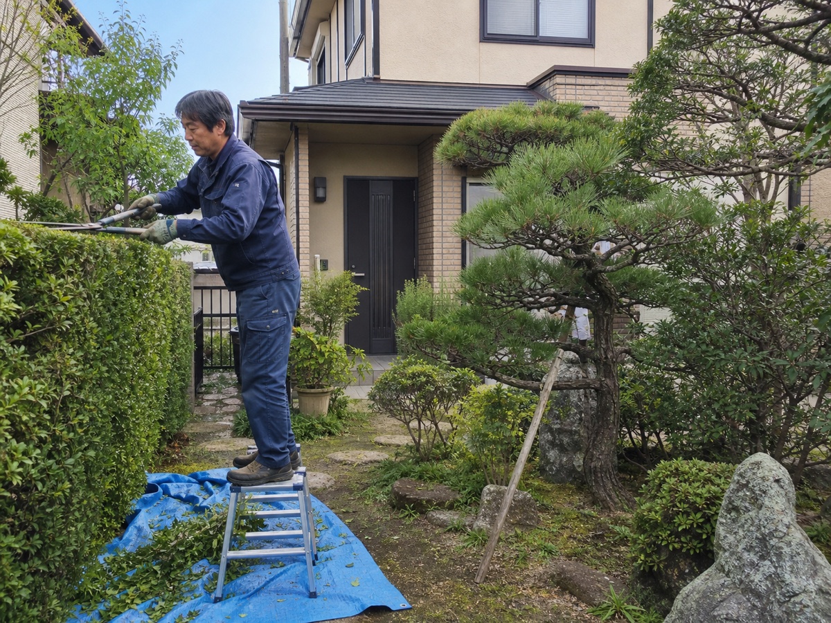 戸建て住宅の庭で生け垣を剪定する植木職人
