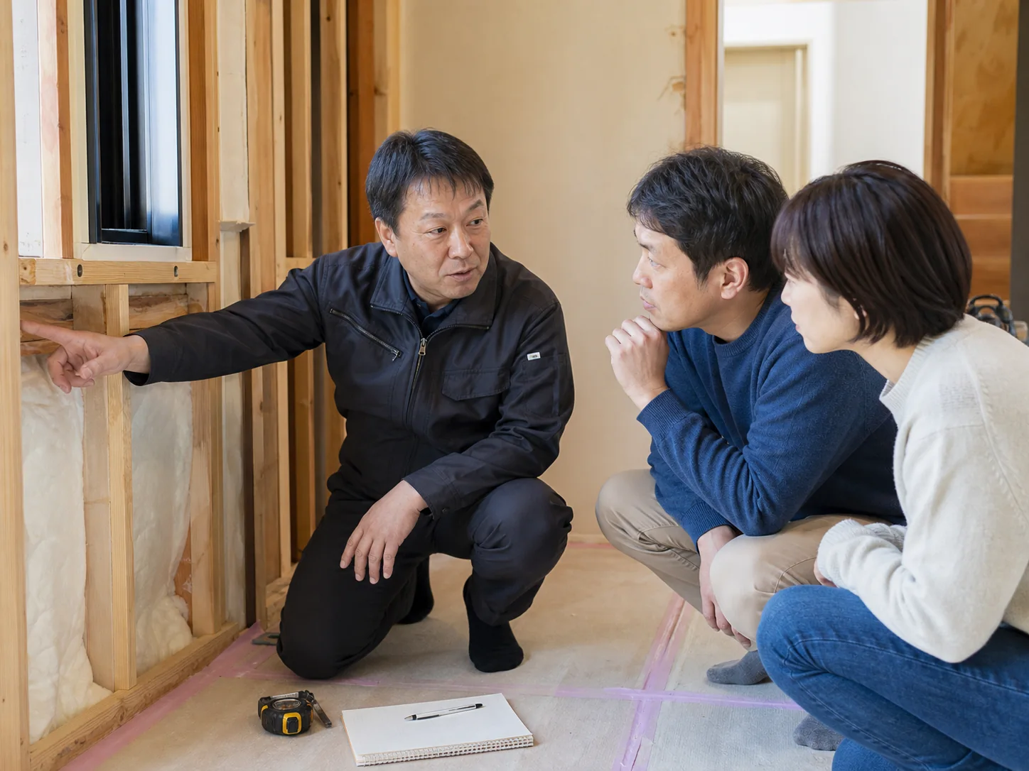 木造住宅の改修現場で、断熱と窓まわりの納まりを施主へ説明する地域工務店のイメージ