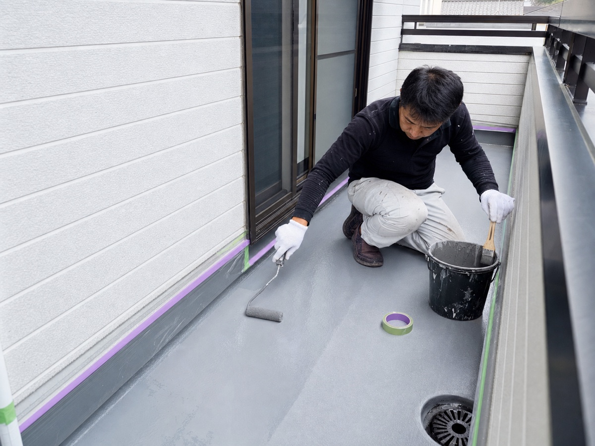 戸建て住宅のベランダ防水を施工する職人